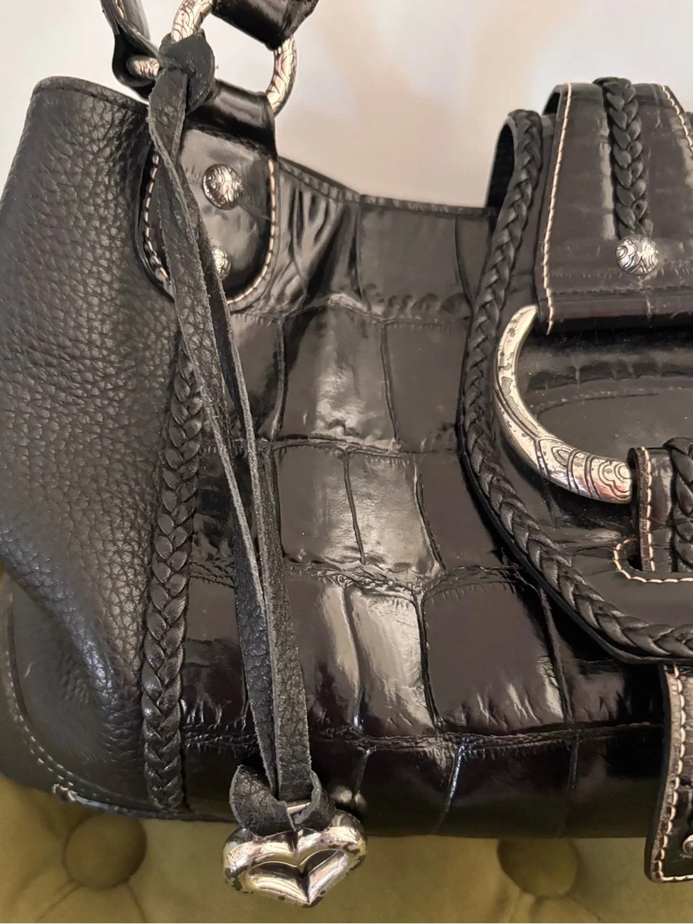 Brighton Black Croc-Accent Shoulder Bag with Silver Buckle